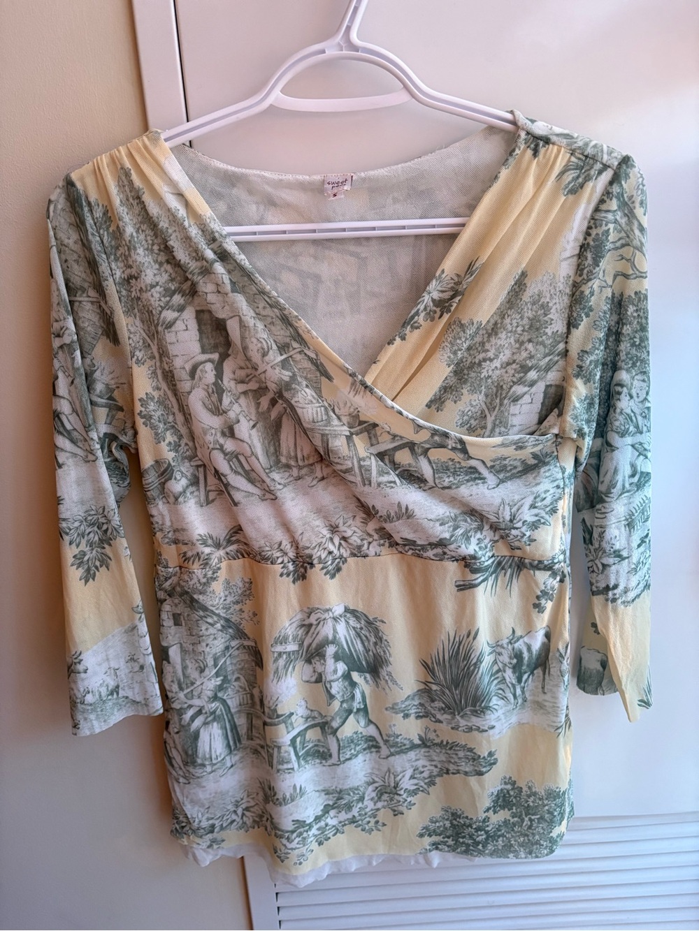 Sweet Pea Yellow and Sage Green Toile Wrap Top